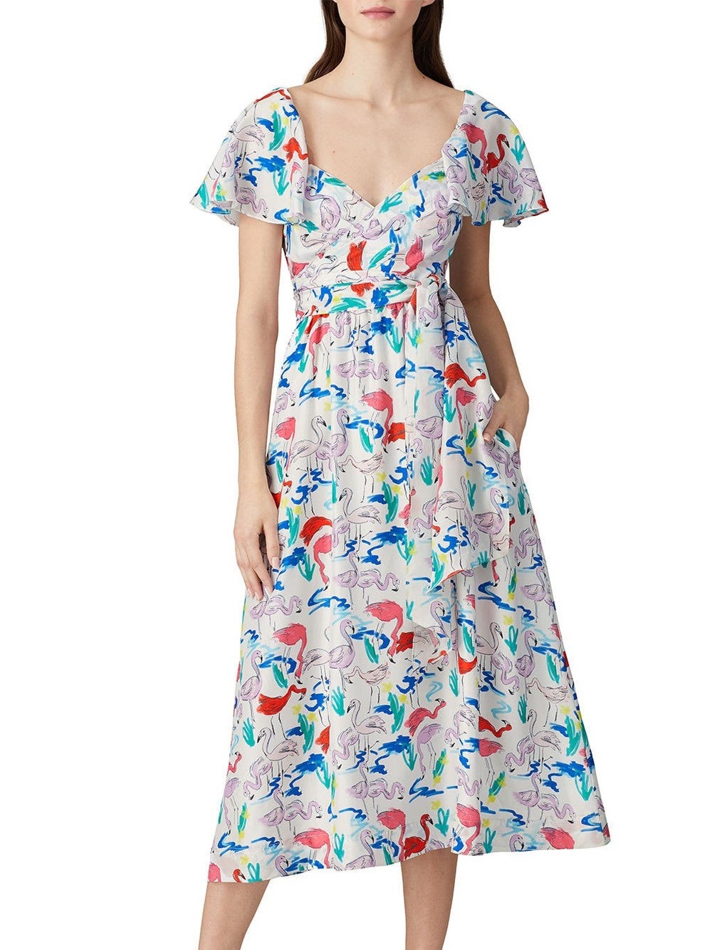 Tanya Taylor Flamingo Resort Silk Wrap Teigan Midi Dress